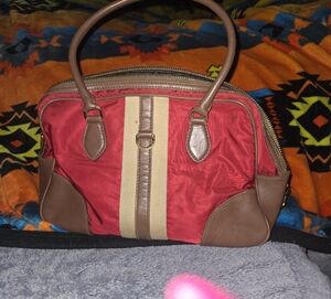 Prada Red and Brown Satchel with Beige Stripe
